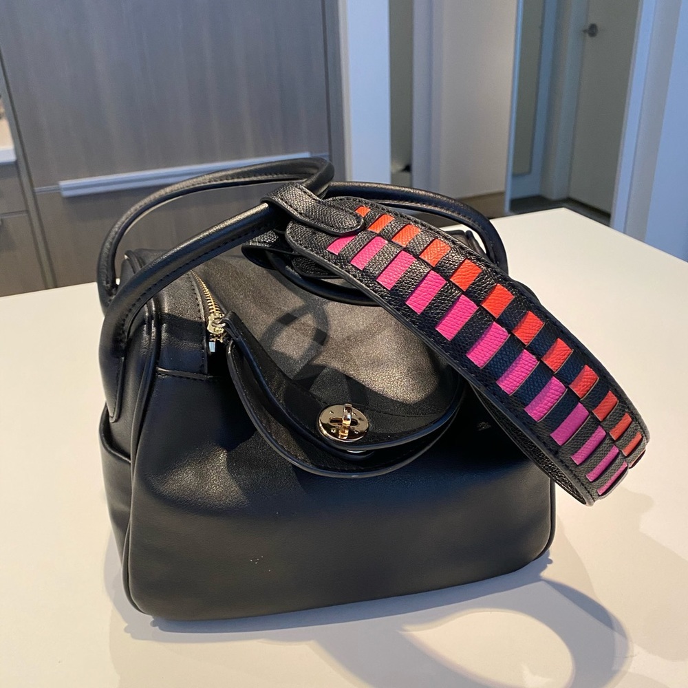 Black Lindy style Shoulder Bag with Bold Pink & Red Woven Strap
